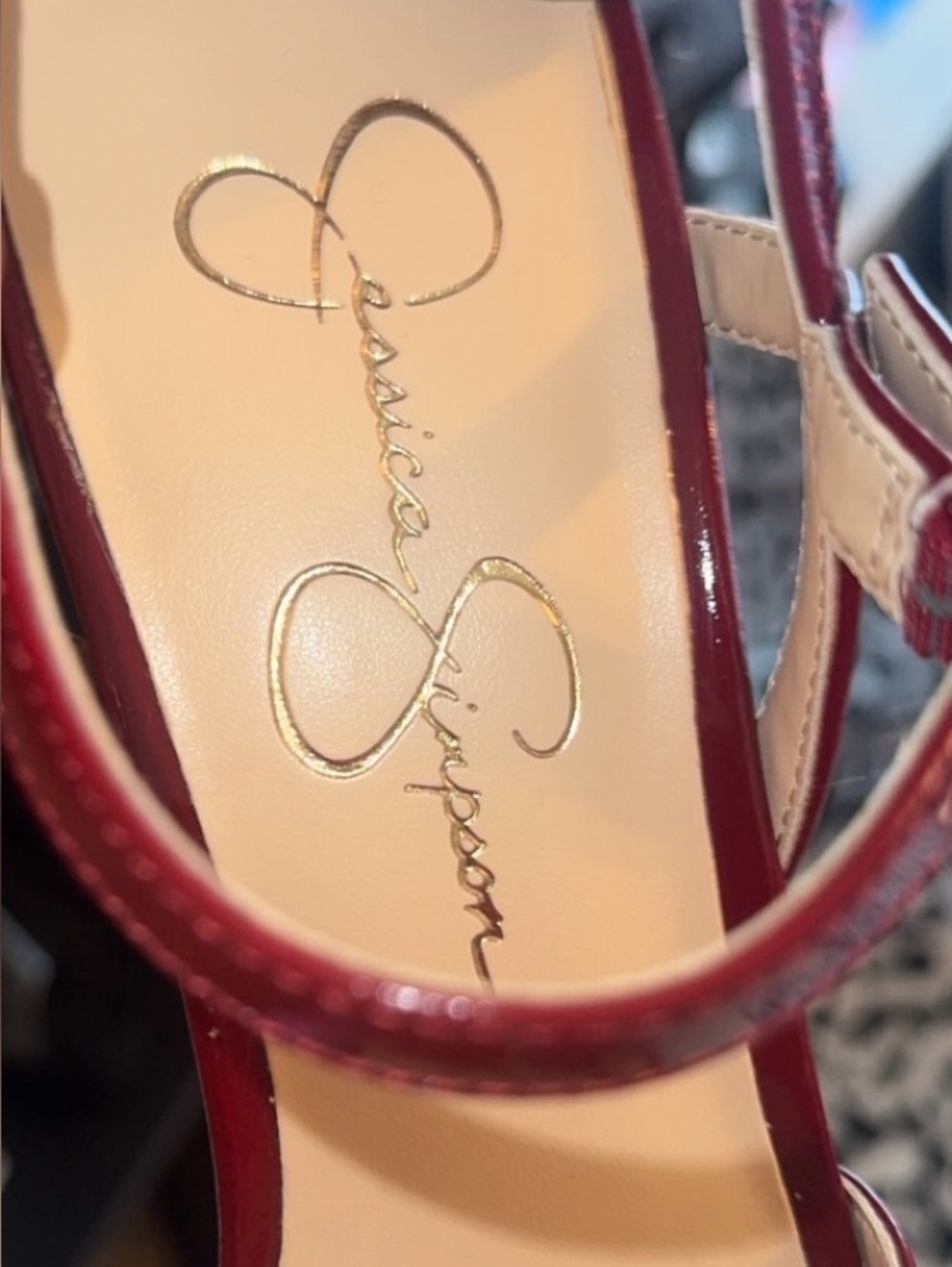 Jessica Simpson Deep Red Patent Square-Toe Ankle-Strap Heels - Picture 4 of 5